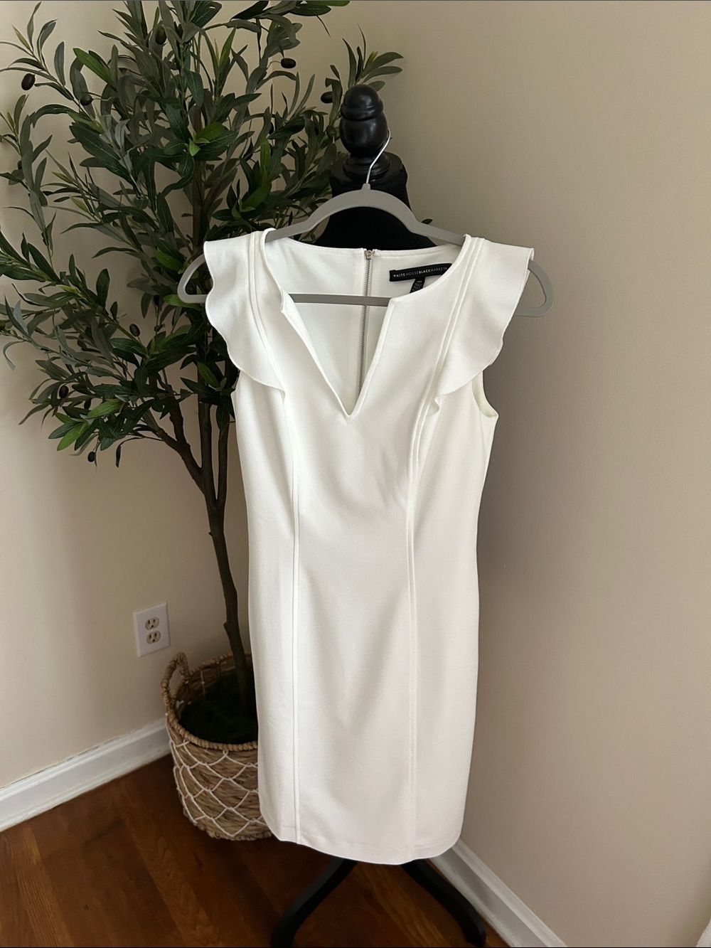 White House Black Market White Flutter Sleeve Midi Sheath Dress